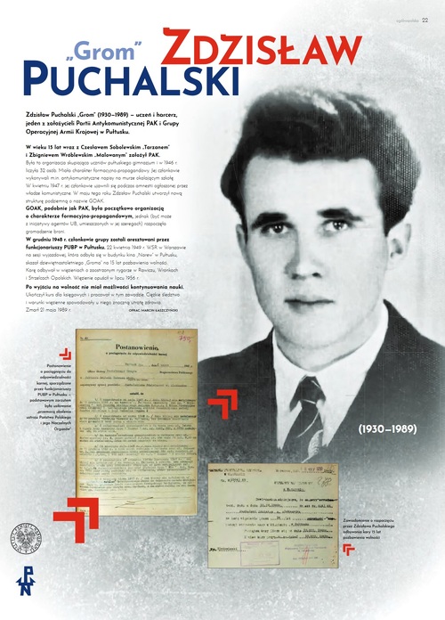 Zdzisław Puchalski „Grom” (1930 – 1989) na jednej z plansz wystawy IPN „Zapomniane ogniwo. Konspiracyjne organizacje młodzieżowe na ziemiach polskich w latach 1944/45–1956”