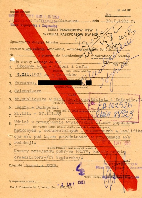 Zgoda władz na ostatni wyjazd służbowy Adama Słodowego. Warszawa, 24 II  1983 r. (z zasobu IPN)