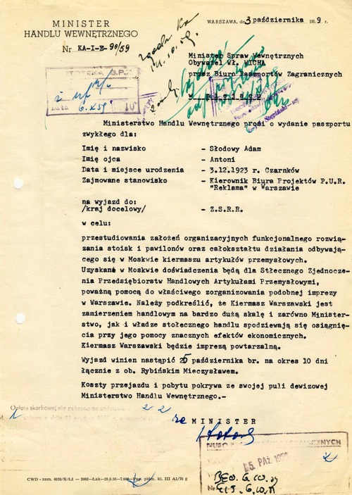 Pismo ministra handlu wewnętrznego o wydanie Adamowi Słodowemu paszportu na wyjazd do ZSRS. Warszawa, 3 X 1959 r. (z zasobu IPN)