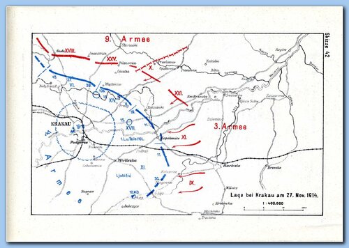 Sytuacja w rejonie Krakowa 27 listopada 1914 r. Źródło mapy: E. Glaise von Horstenau, Österreich-Ungarns letzter Krieg 1914-1918. 1. Das Kriegsjahr 1914. I Bailagen, Wien 1932