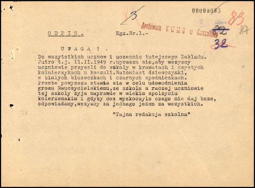 Odpis ulotki kolportowanej przez członków POW (z zasobu AIPN)