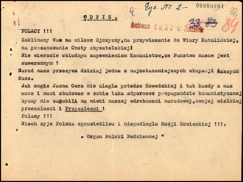 Odpis ulotki kolportowanej przez członków POW (z zasobu AIPN)