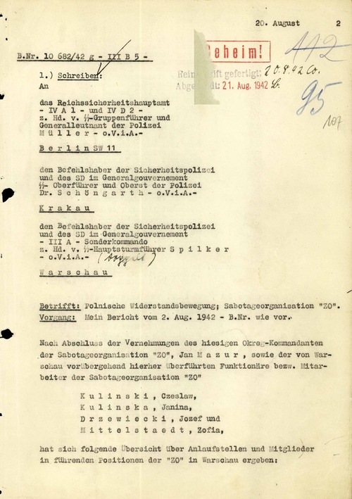 Dokumenty ze śledztw prowadzonych przez okupacyjne niemieckie tajne służby policyjne przeciwko „Związkowi Odwetu”, 1942 r. Materiały pochodzą z zespołu: „Der Kommandeur der Sicherheitspolizei und des SD für den Distrikt Radom” [Komendant Policji Bezpieczeństwa i Służby Bezpieczeństwa dla Dystryktu Radomskiego], przechowywanego w zasobie Archiwum IPN w Warszawie