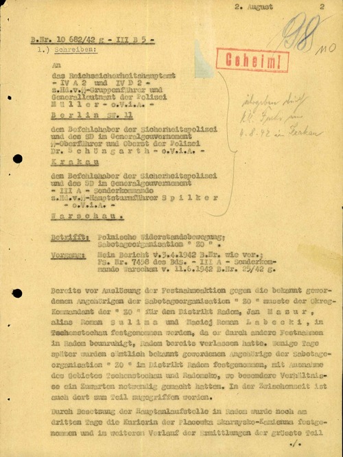 Dokumenty ze śledztw prowadzonych przez okupacyjne niemieckie tajne służby policyjne przeciwko „Związkowi Odwetu”, 1942 r. Materiały pochodzą z zespołu: „Der Kommandeur der Sicherheitspolizei und des SD für den Distrikt Radom” [Komendant Policji Bezpieczeństwa i Służby Bezpieczeństwa dla Dystryktu Radomskiego], przechowywanego w zasobie Archiwum IPN w Warszawie