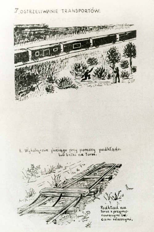 Fotokopia jednej ze stron materiałów szkoleniowych do prowadzenia akcji sabotażowych i dywersyjnych, opracowanych przez polskie struktury konspiracyjne i przejętych przez okupacyjne niemieckie tajne służby policyjne. Materiały pochodzą z zespołu: „Der Kommandeur der Sicherheitspolizei und des SD für den Distrikt Radom” [Komendant Policji Bezpieczeństwa i Służby Bezpieczeństwa dla Dystryktu Radomskiego], przechowywanego w zasobie Archiwum IPN w Warszawie