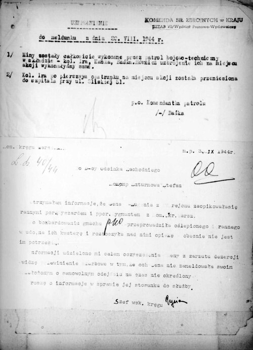 Raport (i jego uzupełnienie) dotyczący jednej z akcji minerskich AK z udziałem kobiet-żołnierzy, przeprowadzonej nocą z 19 na 20 sierpnia 1944 r. w ramach operacji zdobywania przez AK gmachu tzw. PAST-y. Dokument pochodzi z akt Ministerstwa Bezpieczeństwa Publicznego w Warszawie zawierających mikrofilmy dokumentów dotyczących m.in. przebiegu i organizacji walk powstańczych w Warszawskim Okręgu AK w ramach akcji „Burza"