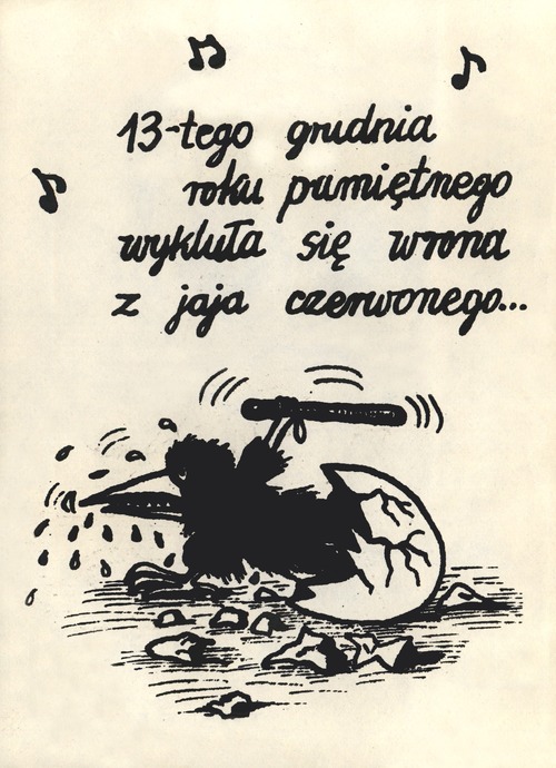 Karykatura z wydanej w drugim obiegu broszury „Stan wojenny jest stanem antywojennym” (z zasobu IPN)