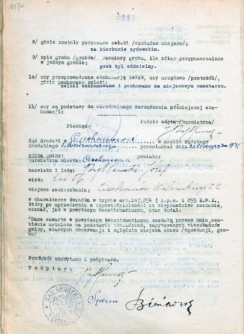 „Kwestionariusz o egzekucjach masowych i grobach masowych” dotyczący egzekucji dokonanej 17 XII 1942 r. (w dokumencie widnieje data: „12.12.1942 r.”) na 4 Polakach oskarżonych o „działalność polityczną”, przywiezionych na miejsce stracenia z więzienia w Płońsku, wypełniony przez sędziego Sądu Grodzkiego w Ciechanowie F. Bieńkowskiego na podstawie zeznań Józefa Pytlewskiego, ówczesnego burmistrza Ciechanowa, s. 1. Ciechanów, 21 XI 1945 r. (z zasobu IPN)„Kwestionariusz o egzekucjach masowych i grobach masowych” dotyczący egzekucji dokonanej 17 XII 1942 r. (w dokumencie widnieje data: „12.12.1942 r.”) na 4 Polakach oskarżonych o „działalność polityczną”, przywiezionych na miejsce stracenia z więzienia w Płońsku, wypełniony przez sędziego Sądu Grodzkiego w Ciechanowie F. Bieńkowskiego na podstawie zeznań Józefa Pytlewskiego, ówczesnego burmistrza Ciechanowa, s. 1. Ciechanów, 21 XI 1945 r.
