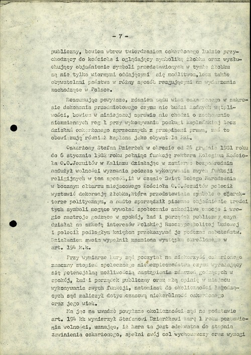 Fragment uzasadnienia wyroku Sądu Rejonowego w Łodzi, skazującego ojca Stefana Dzierżka na rok więzienia w zawieszeniu na 3 lata. W dokumencie stwierdzono, że ksiądz nadużył wolności wyznania podczas wykonywania swych funkcji religijnych