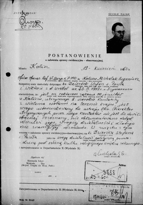 Postanowienie o założeniu na ojca Stefana Dzierżka sprawy ewidencyjno-obserwacyjnej kryptonim Jowisz