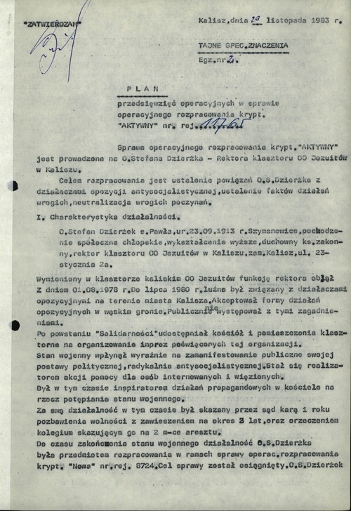 Pierwsza strona Planu przedsięwzięć operacyjnych w sprawie operacyjnego rozpracowania założonej na ojca Stefana Dzierżka przez Wydział Czwarty Wojewódzkiego Urzędu Spraw Wewnętrznych w Kaliszu