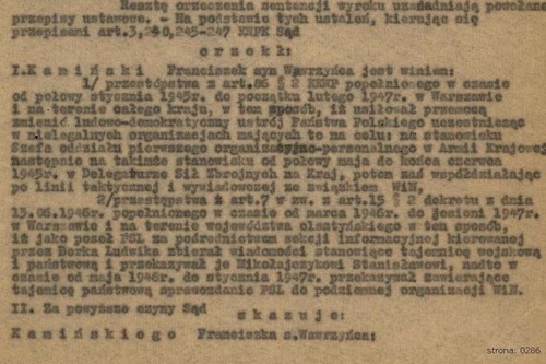Fragment wyroku Wojskowego Sądu Rejonowego w Warszawie wydanego 24 grudnia 1951 r. w sprawie Franciszka Kamińskiego (z zasobu AIPN)