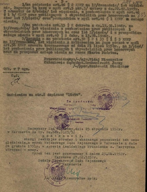 Fragment wyroku Wojskowego Sądu Rejonowego w Warszawie wydanego 24 grudnia 1951 r. w sprawie Franciszka Kamińskiego (z zasobu AIPN)