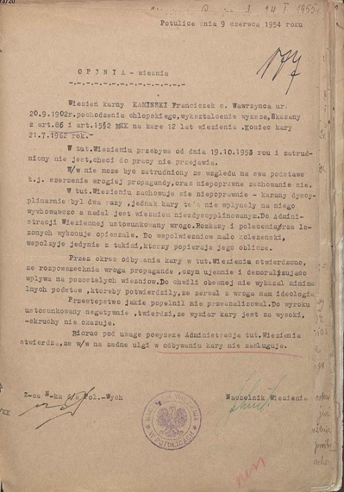 Opinia dotycząca Franciszka Kamińskiego z więzienia w Potulicach, 9 czerwca 1954 r. (z zasobu AIPN)