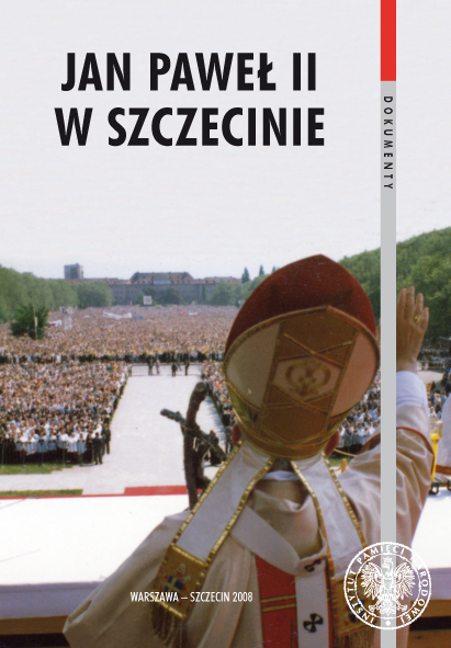 Jan Paweł II pozdrawia wiernych w czasie Mszy św. na Jasnych Błoniach. Widok z wysokości ołtarza. 11 VI 1987 r. (okładka publikacji IPN „Jan Paweł II w Szczecinie”, 2008)