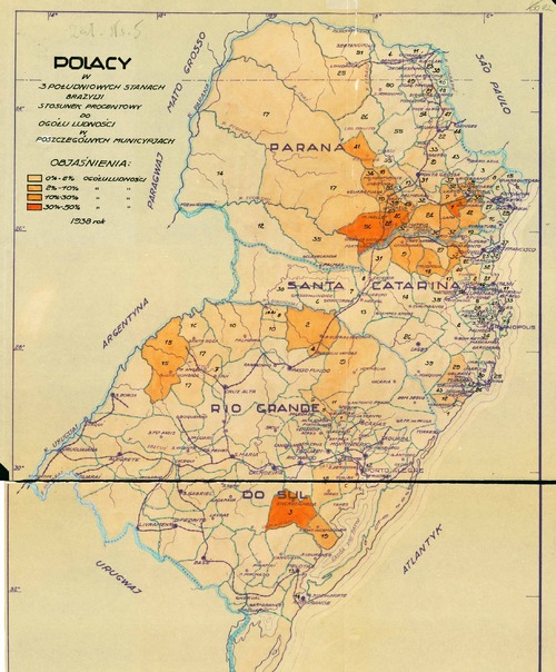 Mapa południowych stanów Brazylii (Parana, Santa Catarina, Rio Grande do Sul) zamieszkałych przez Polaków, 1938 r. Oryginał dokumentu znajduje się w Polskim Instytucie Naukowym w Ameryce z siedzibą w Nowym Jorku (z zasobu AIPN)