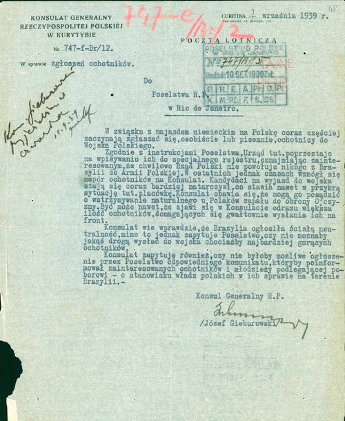 Pismo Konsulatu Generalnego RP w Kurytybie dotyczące zgłaszania się ochotników polskich w Brazylii do Wojska Polskiego, 7 września 1939 r. Oryginał dokumentu znajduje się w Polskim Instytucie Naukowym w Ameryce z siedzibą w Nowym Jorku (z zasobu AIPN)