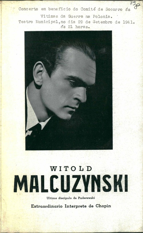 Okładka broszury promującej koncerty Witolda Małcużyńskiego w Brazylii, z których całkowity dochód przeznaczony był na rzecz Komitetu Pomocy Ofiarom Wojny w Polsce. Oryginał dokumentu znajduje się w Polskim Instytucie Naukowym w Ameryce z siedzibą w Nowym Jorku (z zasobu AIPN)