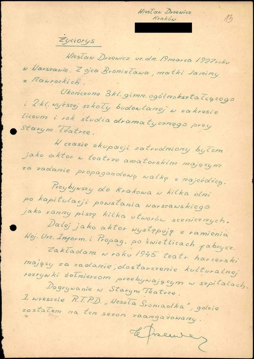 Życiorys Wiesława Drzewicza (z zasobu AIPN)