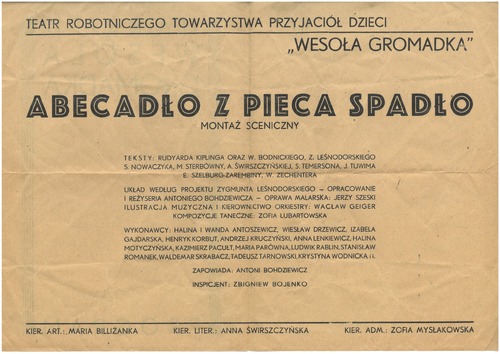 Program spektaklu „Abecadło z pieca spadło” z teatrzyku Robotniczego Towarzystwa Przyjaciół Dzieci „Wesoła Gromadka”, 1948 r. (ze zbiorów prywatnych)