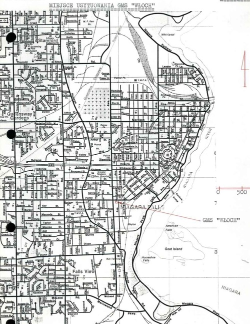 Główne Miejsce Spotkania "Włoch" w restauracji Capri, zaznaczone na mapie miasta Niagara Falls - przygotowane na użytek spotkań oficera Zarządu II z polskimi tajnymi współpracownikami