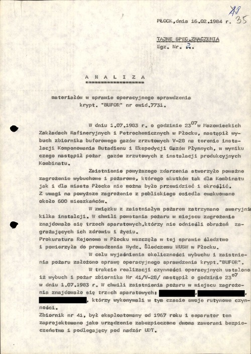 Analiza materiałów zebranych przez WUSW w Płocku w sprawie operacyjnego sprawdzenia o kryptonimie „Bufor”. Dokument z akt sprawy obiektowej krypt. „Petro” prowadzonej przez Wojewódzki Urząd Spraw Wewnętrznych w Płocku w latach 1970-1989