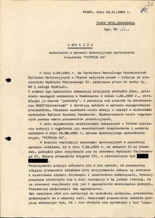 Analiza materiałów zebranych przez WUSW w Płocku w sprawie operacyjnego sprawdzenia o kryptonimie „Petycja 83”. Dokument z akt sprawy obiektowej krypt. „Petro” prowadzonej przez Wojewódzki Urząd Spraw Wewnętrznych w Płocku w latach 1970-1989