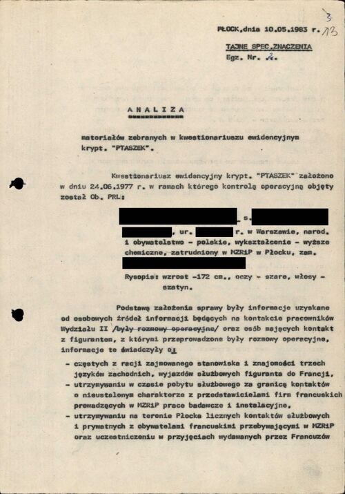 Analiza materiałów zebranych w kwestionariuszu ewidencyjnym o kryptonimie „Ptaszek” pozyskanych przez WUSW w Płocku nt. pracownika zatrudnionego w MZRiP. Dokument z akt sprawy obiektowej krypt. „Petro” prowadzonej przez Wojewódzki Urząd Spraw Wewnętrznych w Płocku w latach 1970-1989