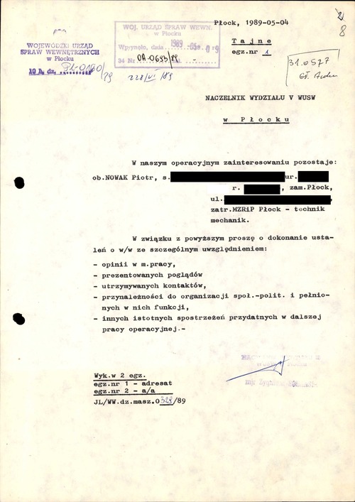 Wniosek WUSW w Płocku o pozyskanie informacji o pracowniku zatrudnionym w MZRiP. Dokument z akt sprawy obiektowej krypt. „Petro” prowadzonej przez Wojewódzki Urząd Spraw Wewnętrznych w Płocku w latach 1970-1989
