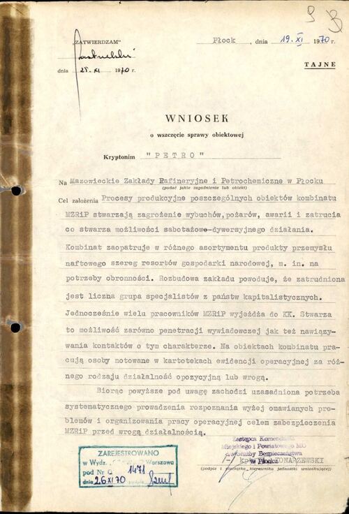 Wniosek o wszczęcie sprawy obiektowej krypt. „Petro” podpisany 19 listopada 1970 r. przez zastępcę komendanta miejskiego i powiatowego MO d/s służby bezpieczeństwa
