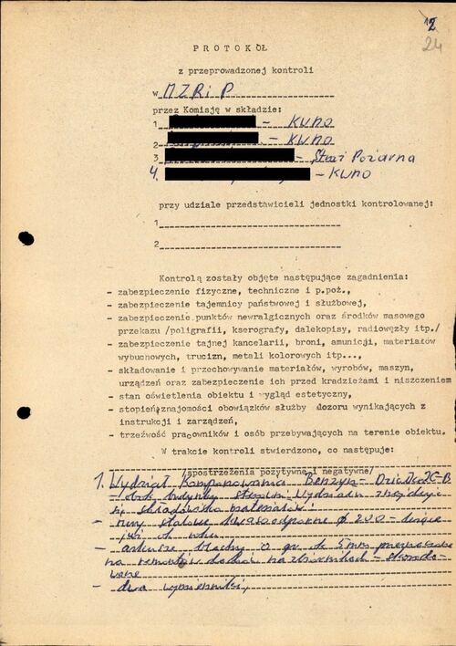 Protokół z kontroli przeprowadzonej przez funkcjonariuszy KWMO i Straży Pożarnej na terenie Mazowieckich Zakładów Rafineryjnych i Petrochemicznych w Płocku. Dokument z akt sprawy obiektowej krypt. „Petro” prowadzonej przez Wojewódzki Urząd Spraw Wewnętrznych w Płocku w latach 1970-1989