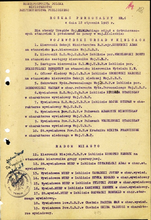 Rozkaz personalny nr 6 z 12 stycznia 1945 r. dotyczący powołania Grupy Operacyjnej na województwo kieleckie (z zasobu AIPN)