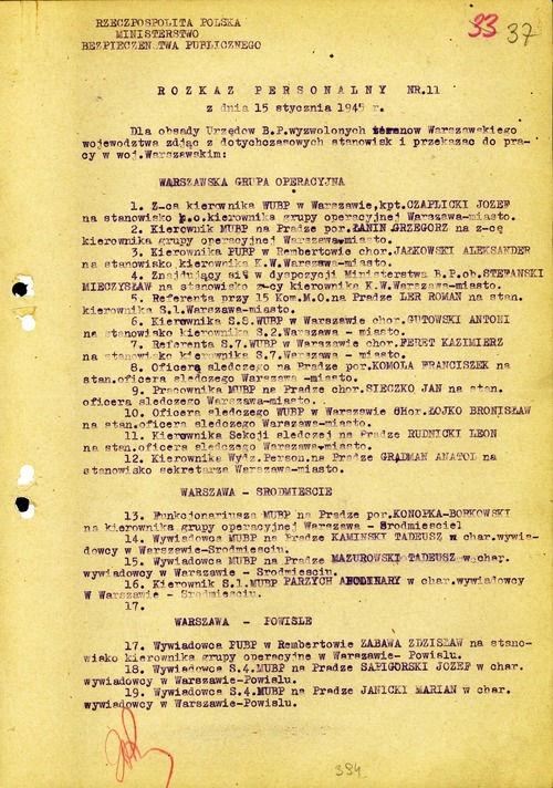 Rozkaz personalny nr 11 z 15 stycznia 1945 r. dotyczący powołania Warszawskiej Grupy Operacyjnej (z zasobu AIPN)
