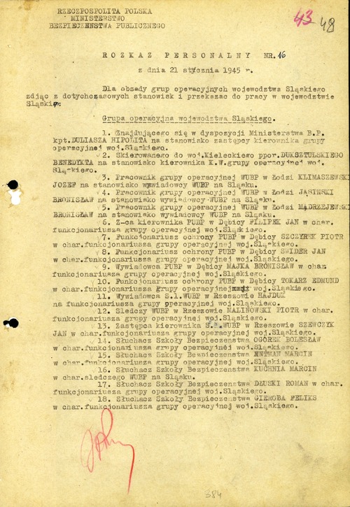 Rozkaz personalny nr 16 z 21 stycznia 1945 r. dotyczący zorganizowania Grupy Operacyjnej województwa śląskiego (z zasobu AIPN)