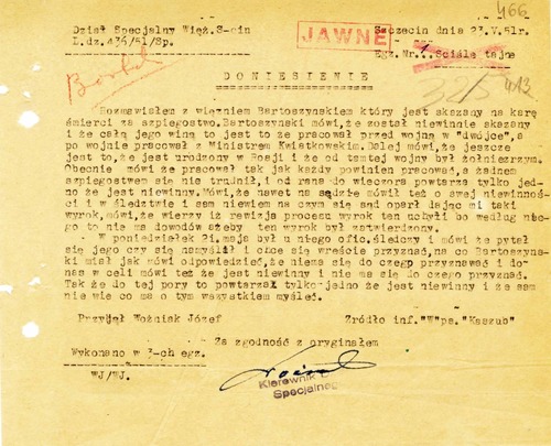 Doniesienie agenturalne informujące o zachowaniu się Kazimierza Bartoszyńskiego w celi po ogłoszeniu wyroku kary śmierci. Szczecin, 23 maja 1951 r. (z zasobu AIPN)