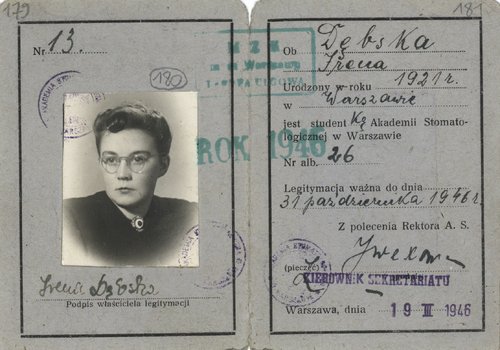 Legitymacja studencka Ireny na przybrane nazwisko Dębska, 19 III 1946 r. (z zasobu IPN)