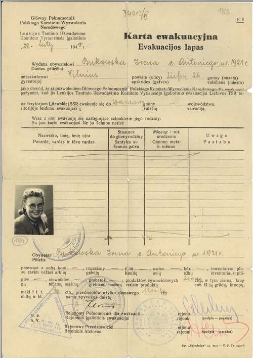 Karta ewakuacyjna Ireny na nazwisko Bukowska, 22 II 1945 r. (z zasobu IPN)