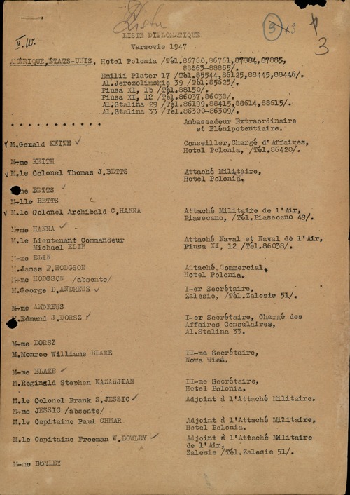 Fragment spisu pracowników Ambasady Stanów Zjednoczonych w Warszawie z roku 1947 (z zasobu AIPN)