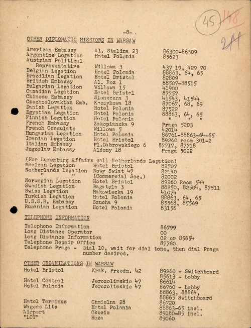 Fragment listy placówek dyplomatycznych w Warszawie z ich adresami (z zasobu AIPN)