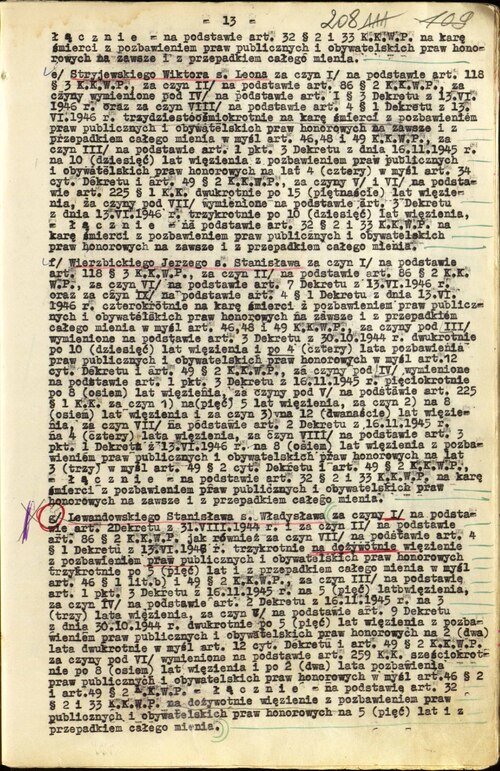Fragment wyroku Wojskowego Sądu Rejonowego w Warszawie z 3 lipca 1950 r. skazującego Wiktora Stryjewskiego na trzydziestoośmiokrotną karę śmierci z pozbawieniem praw publicznych i obywatelskich praw honorowych na zawsze oraz przepadek całego mienia. (z zasobu AIPN)