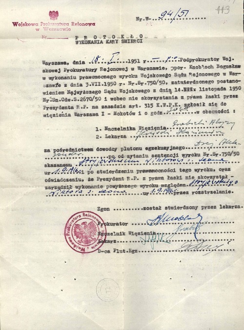 Protokół wykonania kary śmierci na Wiktorze Stryjewskim. Warszawa, 18 stycznia 1951 r. (z zasobu AIPN)
