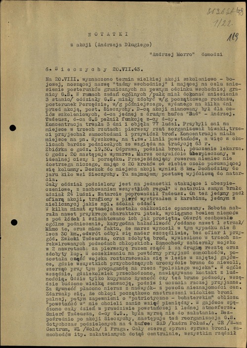 Notatki z akcji (Andrzeja Długiego) dot. akcji w Sieczychach 20/21 sierpnia 1943 r. dowodzonej przez Andrzeja Ramockiego ps. „Morro”. Dokument pochodzący z Depozytu Jerzego Zalewskiego: wspomnienia i relacje byłych członków batalionu „Zośka”