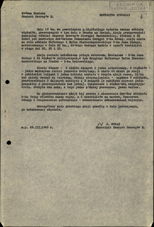 Notatka z 29 marca 1943 r. dot. akcji pod Arsenałem. Dokument pochodzący z Depozytu Jerzego Zalewskiego: wspomnienia i relacje byłych członków batalionu „Zośka” (z zasobu IPN)