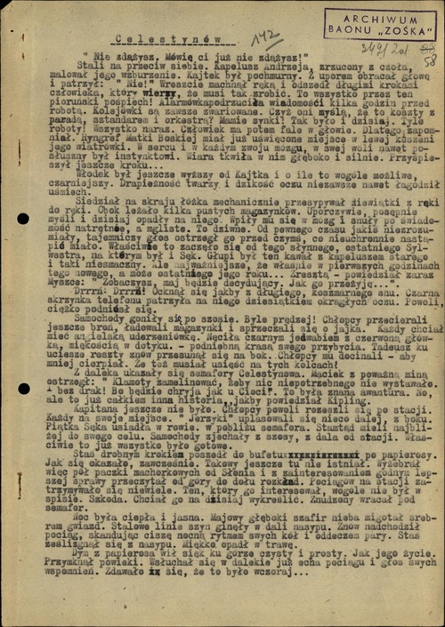 Fragment wspomnień Andrzeja Jana Góreckiego dotyczący akcji w Celestynowie. Dokument pochodzący z Depozytu Jerzego Zalewskiego: wspomnienia i relacje byłych członków batalionu „Zośka” (z zasobu IPN)