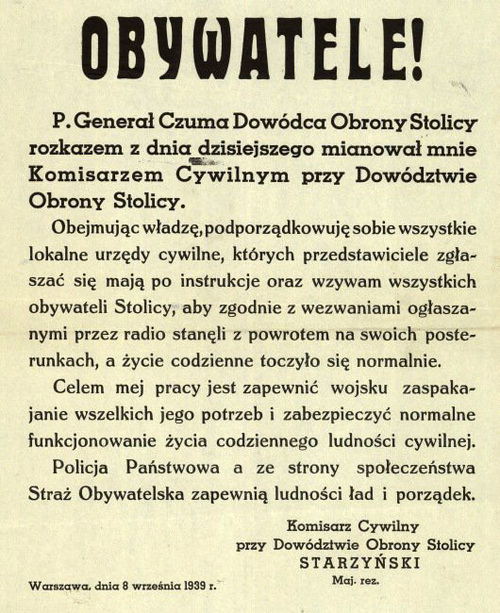 Proklamacja Stefana Starzyńskiego jako Komisarza Cywilnego przy Dowództwie Obrony Warszawy 8 września 1939 (z zasobu Centralnego Archiwum Wojskowego)