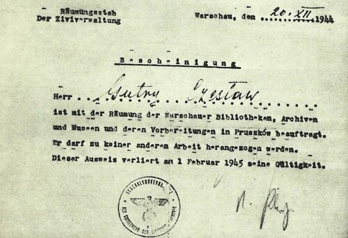 Zaświadczenie wystawione przez władze okupacyjne jednemu z uczestników akcji, Archiwum Zamku Królewskiego w Warszawie, Archiwum Jana Zachwatowicza