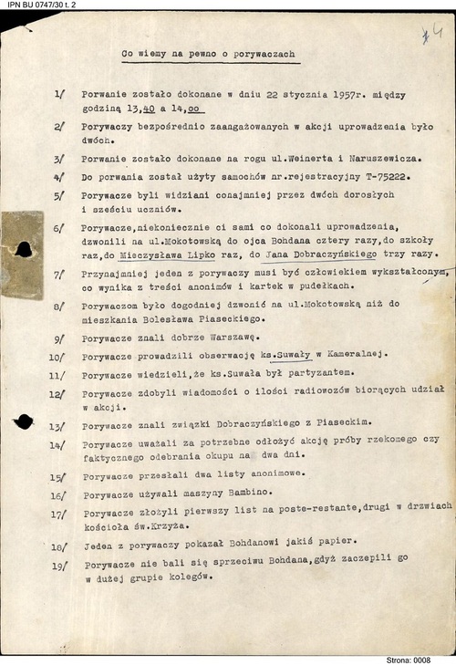 Notatka „Co wiemy na pewno o porywaczach” (z zasobu IPN)