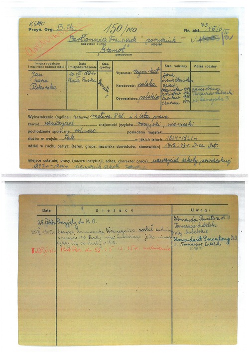 Kopia karty ewidencyjnej Franciszka Bartłomowicza z kartoteki osobowej funkcjonariuszy i pracowników resortu spraw wewnętrznych (z zasobu IPN)