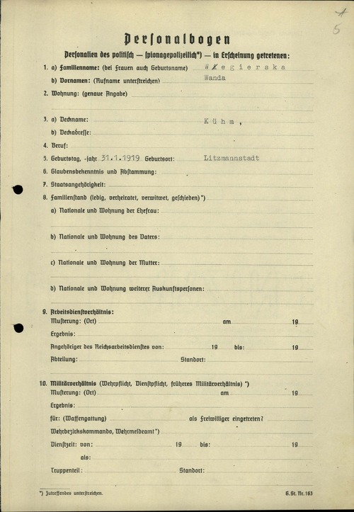 Kwestionariusz osobowy Wandy Węgierskiej. Dokument z akt Tajnej Policji Państwowej w Düsseldorfie - Geheime Staatspolizei Staatspolizeileitstelle Düsseldorf (z zasobu AIPN)