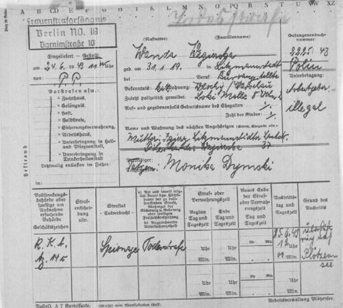 Więzienna karta osobowa Wandy Węgierskiej (z zasobu Arolsen Archives)